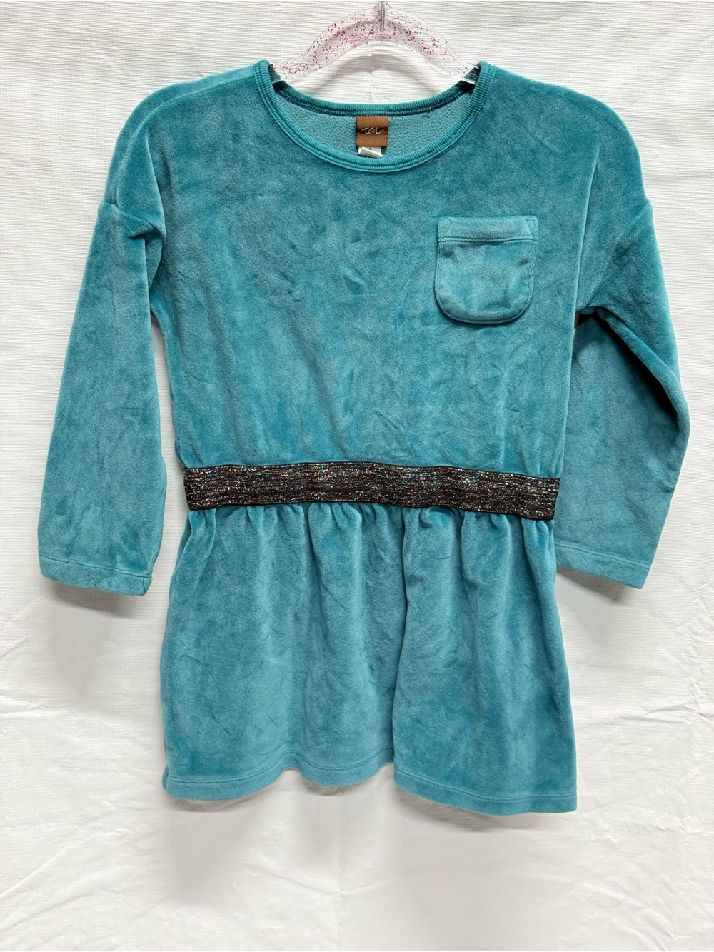 Tea Collection Teal Velvet-Look Long-Sleeve Dress with Sparkle Waistband